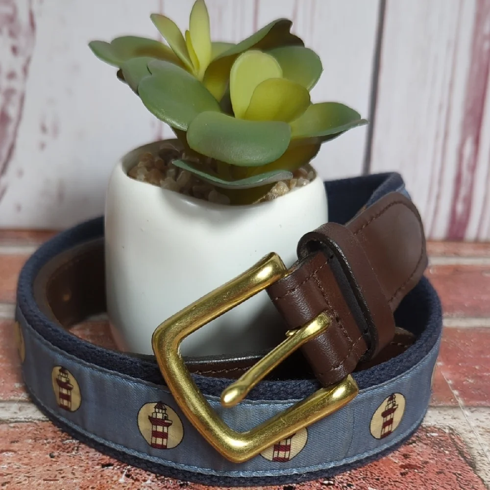 Vineyard Vines Lighthouse Belt Brown Leather and Blue‎ Canvas Size 32 Nautical